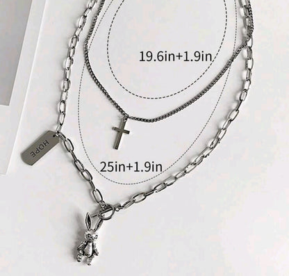 Collar Acero Inox doble colgantes de conejo crux y placa hope
